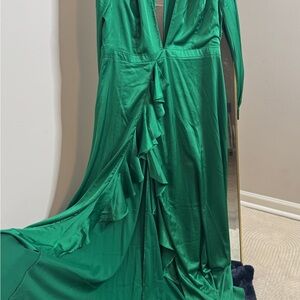 Fashion Nova Green Ruched Long Sleeve Gown